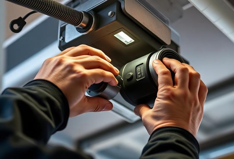 Technician examining a garage door opener motor and circuit board