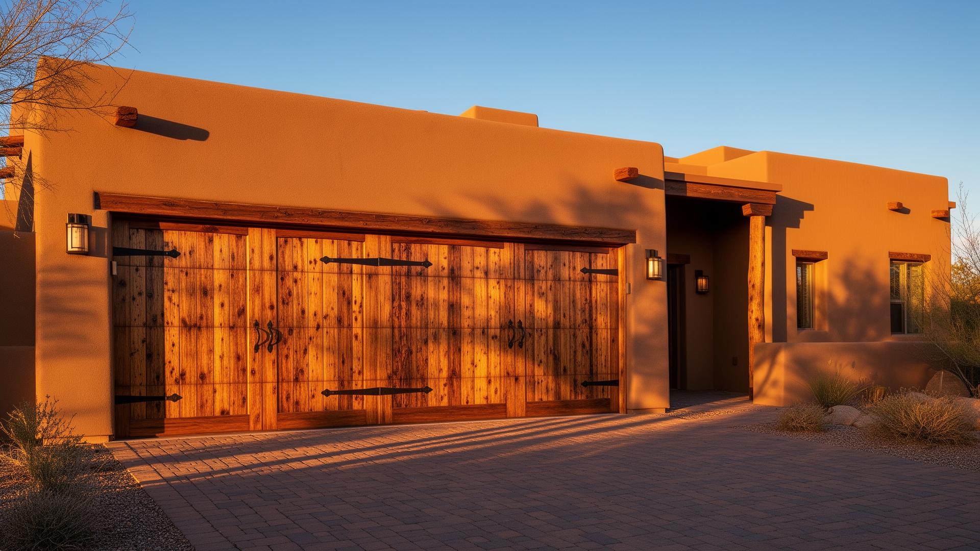 Beautiful rustic wood grain garage door with iron strap hinges on Southwest adobe style home